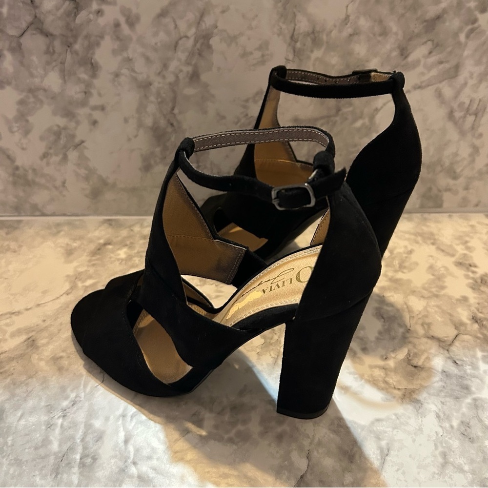 Olivia Ferragamo Black Faux Suede Open Toe Ankle Strap Heels Size 6 - Picture 4 of 6